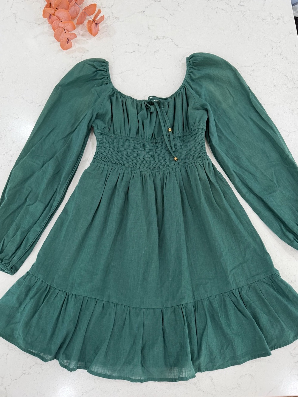 Smocked Waist Square Neck Mini Dress in Forest Green